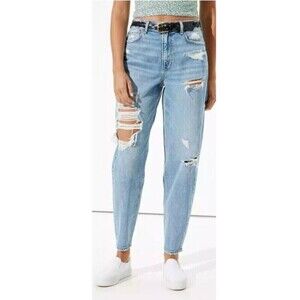 NWT American Eagle  Blue Denim‎ High Rise Distressed Relaxed Mom Jeans Size 2